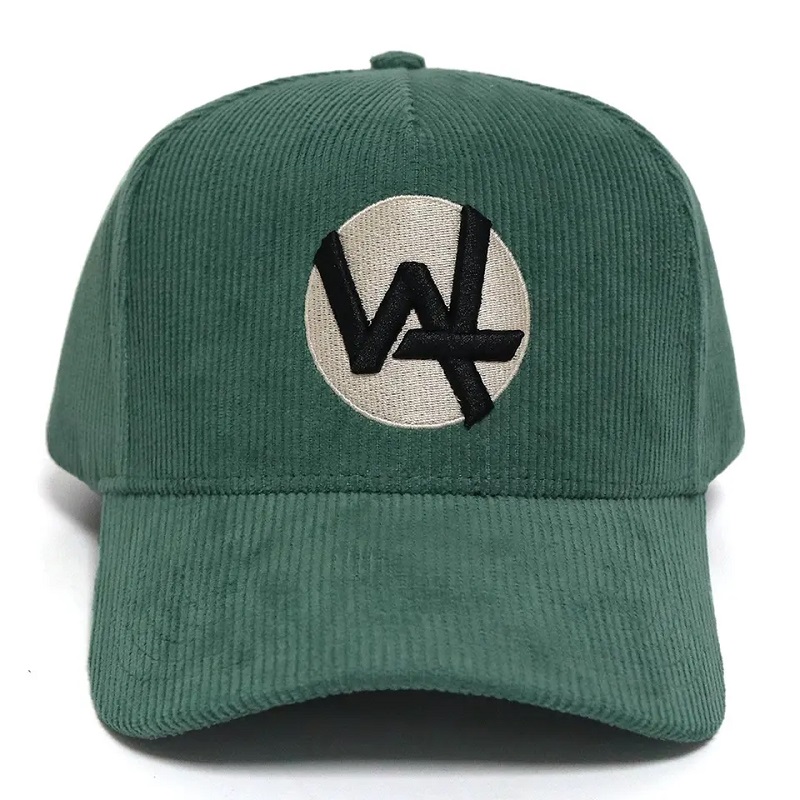 مخصص مصنع مباشرة مصنع 5 لوحة البيسبول قبعة كولوروي أخضر مع تطريز ثلاثي الأبعاد شعار القطن Cottonband Caps الشتاء